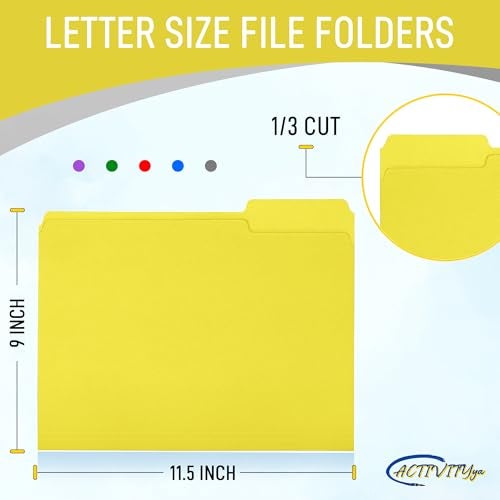 ACTIVITYYA Yellow File Folders, 1/3-Cut Tabs, Letter Size, 12-Pack – Durable Office Filing Folders for Documents, Papers, and Organization - Image 2