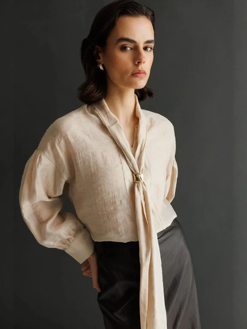 Mixray Cream Natural MIXRAY V-Neck Tie Detail Blouse for Women | Best Price UAE