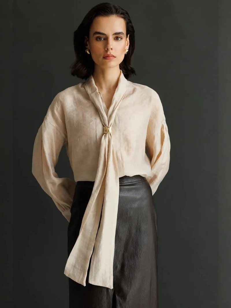Mixray Cream Natural MIXRAY V-Neck Tie Detail Blouse for Women | Best Price UAE