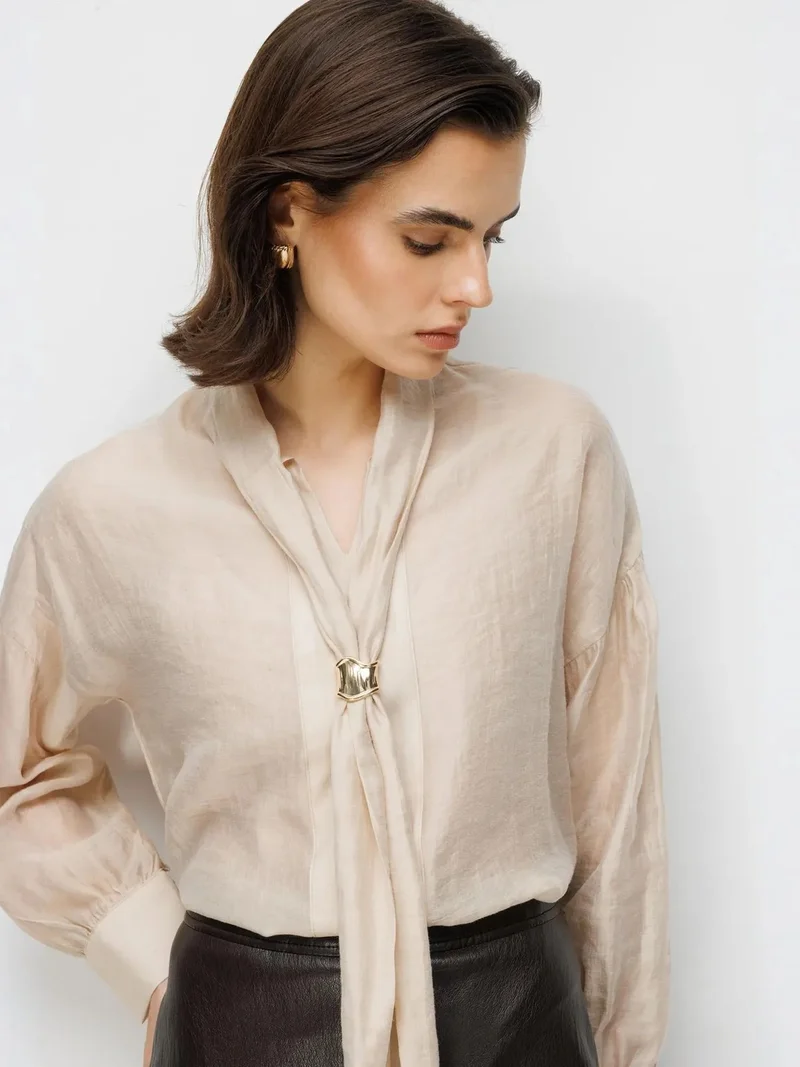 Mixray Cream Natural MIXRAY V-Neck Tie Detail Blouse for Women | Best Price UAE