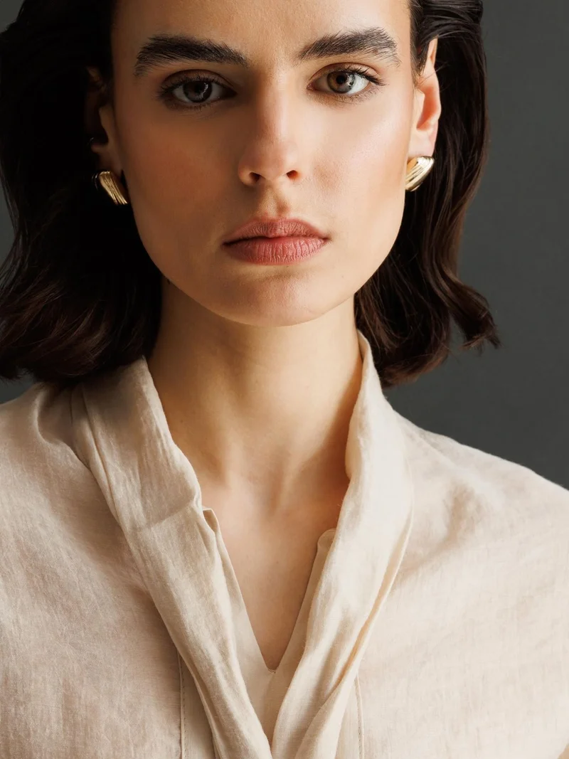 Mixray Cream Natural MIXRAY V-Neck Tie Detail Blouse for Women | Best Price UAE