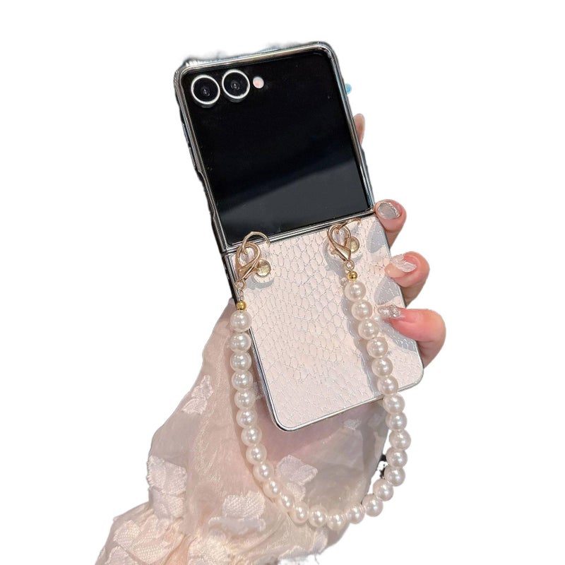 Protective PC for Samsung Galaxy Z Flip 6 with Electroplated Snake Pattern and Pearl Chain in White for Work and School - Image 1