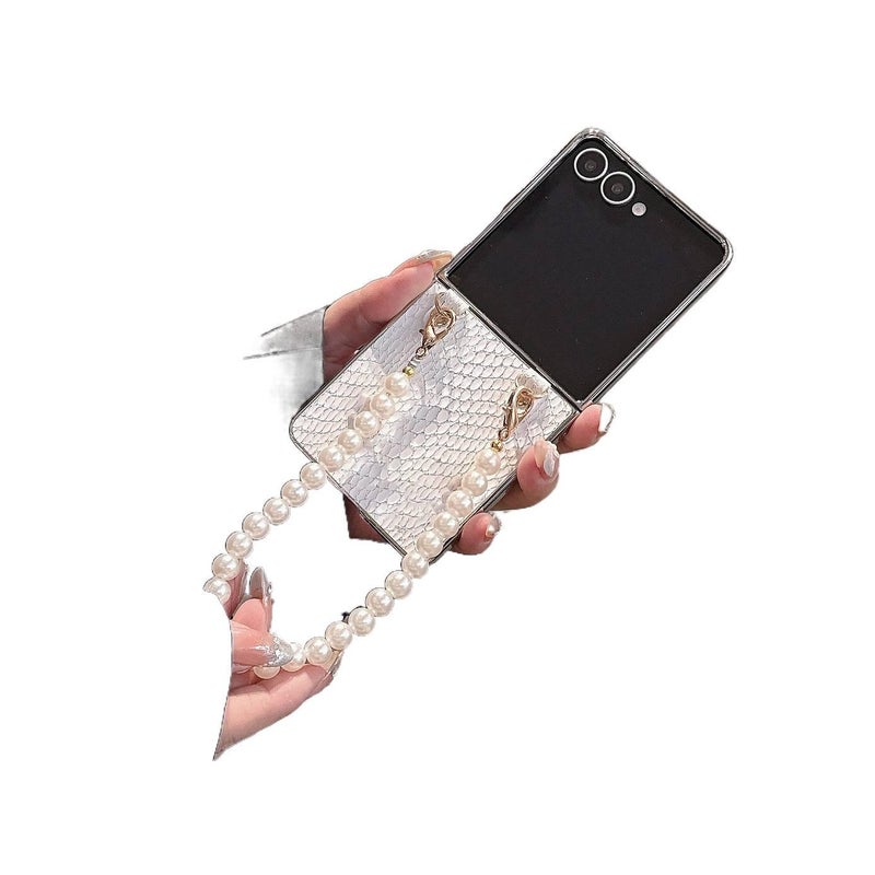 Protective PC for Samsung Galaxy Z Flip 6 with Electroplated Snake Pattern and Pearl Chain in White for Work and School - Image 3