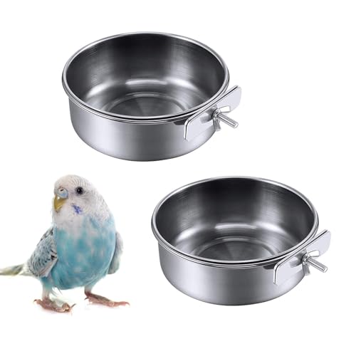 Kathson 2 Pack Bird Feeding Dish Cups Stainless Steel bird bowls Parrot Feeders Water Cage Bowls with Clamp Holder Bird Feeders for Parakeet Cockatiels Conure Budgies Lovebird Finch and Small Animals - Image 1