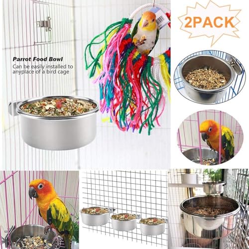 Kathson 2 Pack Bird Feeding Dish Cups Stainless Steel bird bowls Parrot Feeders Water Cage Bowls with Clamp Holder Bird Feeders for Parakeet Cockatiels Conure Budgies Lovebird Finch and Small Animals - Image 3