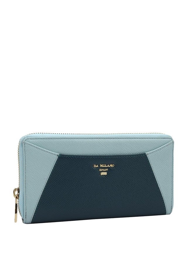 Da Milano Genuine Leather Blue Zip Around Women Wallet (10011A) - Image 2