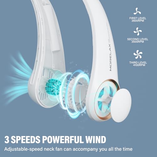 Morelax Neck Fan, USB Rechargeable Personal Fan, 3 Speeds Adjustable, Large air outlet Powerful Strong Wind, Adjustable, 360° Cooling, Super Quiet, No Blade Design, No Hair Twisting, Small, White - Image 5
