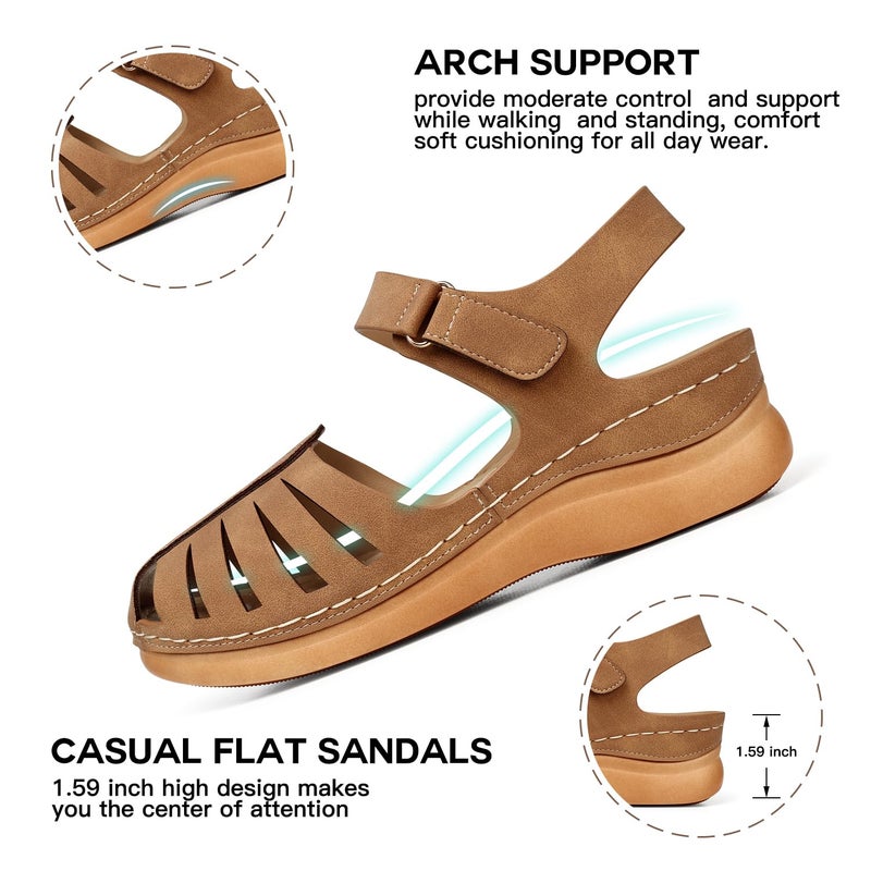 SHIBEVER Women Comfortable Flat Sandals: Dressy Summer Flats Sandal - Closed Toe Fisherman Hollow Out Sandals - Brown Size 8 Walking Wedge Sandal - Image 4
