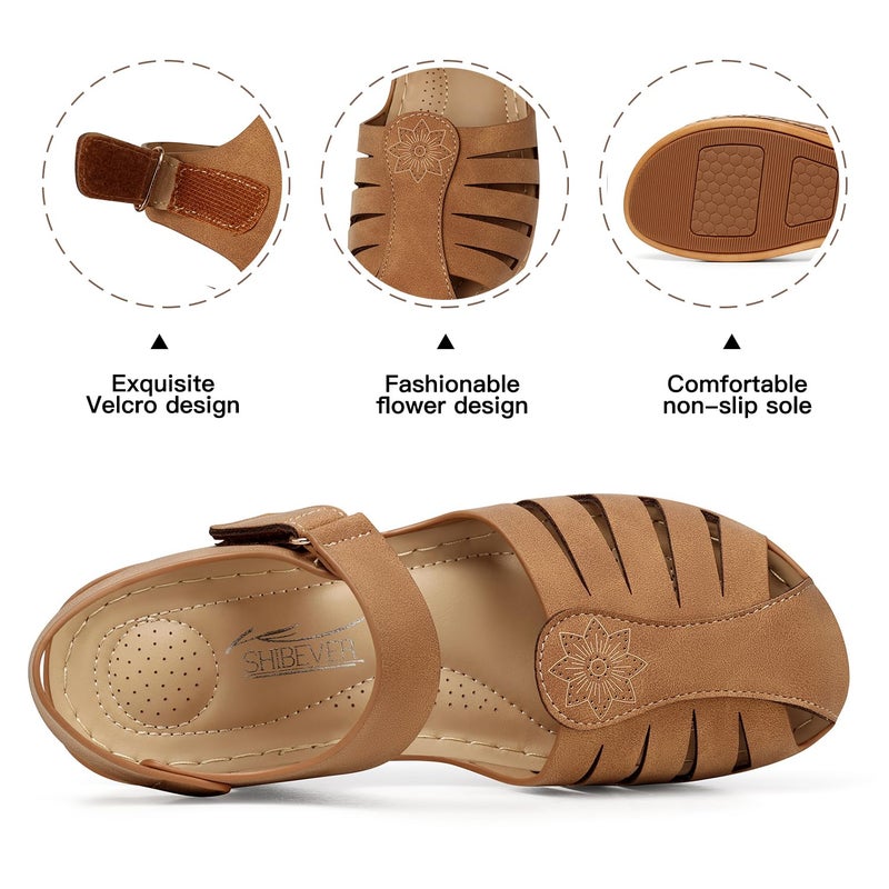 SHIBEVER Women Comfortable Flat Sandals: Dressy Summer Flats Sandal - Closed Toe Fisherman Hollow Out Sandals - Brown Size 8 Walking Wedge Sandal - Image 5