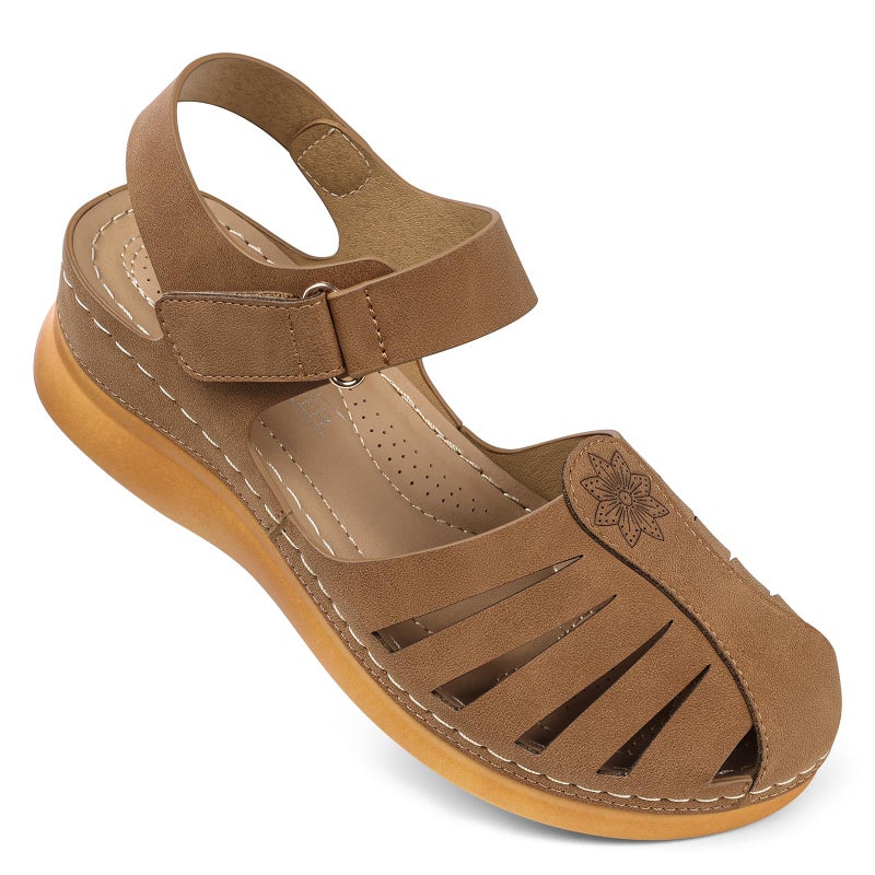 SHIBEVER Women Comfortable Flat Sandals: Dressy Summer Flats Sandal - Closed Toe Fisherman Hollow Out Sandals - Brown Size 8 Walking Wedge Sandal - Image 1