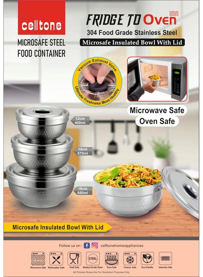 Celltone Microwave Safe 304 Stainless Steel Food Container - Fridge-to-Oven Bowl with Vacuum Freshness Seal (Combo-Set of(400ml,570ml, 850ml) - Image 5