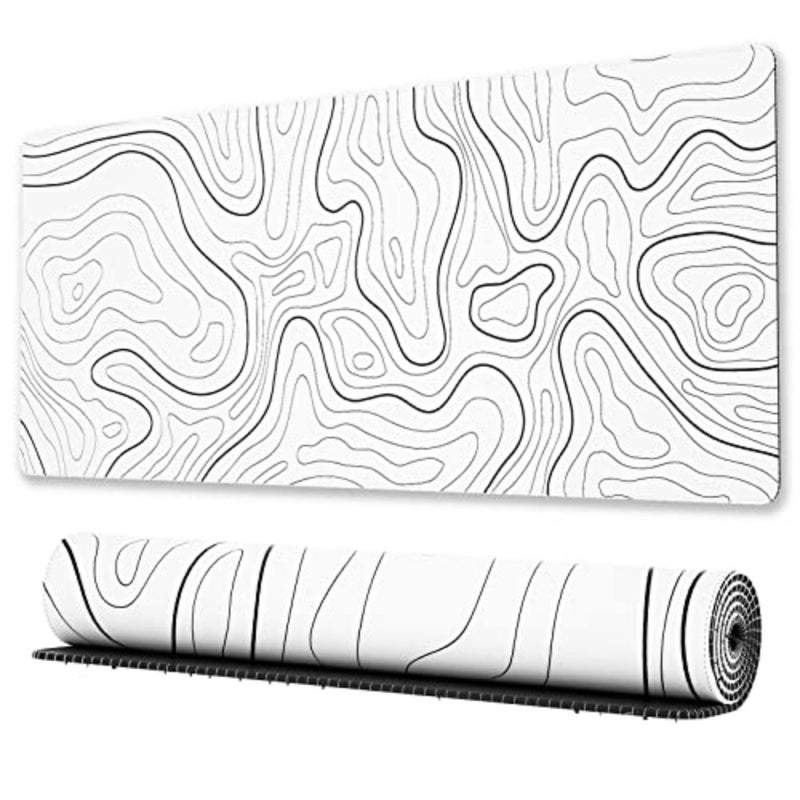 Large Gaming Mouse Pad with Stitched Edges, Minimalist Topographic Map Desk Mat, Extended XL Mousepad with Anti-Slip Base, Cool Desk Pad for Keyboard and Mouse, 31.5 x 11.8 in, White - Image 1