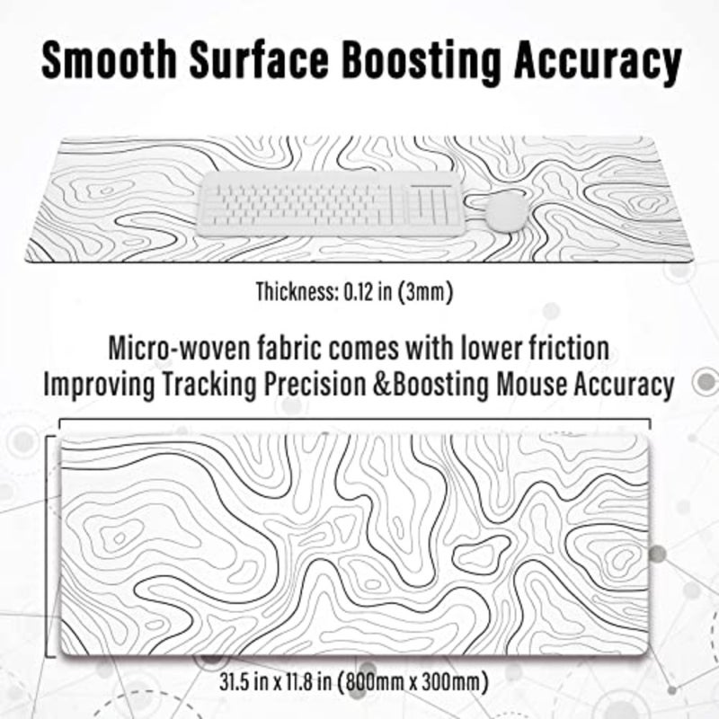 Large Gaming Mouse Pad with Stitched Edges, Minimalist Topographic Map Desk Mat, Extended XL Mousepad with Anti-Slip Base, Cool Desk Pad for Keyboard and Mouse, 31.5 x 11.8 in, White - Image 3
