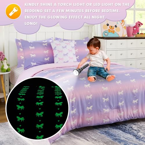 Cokouchyi Twin Comforter Sets for Boys Girls, Unicorn Glow in The Dark Kids Bedding Sets, 5 Pcs Twin Bed in a Bag with Comforter, Sheets, Pillow Sham, Cushion Cover, Unicorn - Image 2