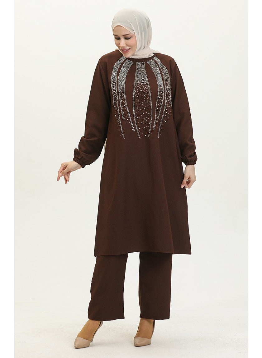 Sefa Merve Stone Printed Evening Dress Tunic Trousers Two Piece Suit 0410-05 Brown  - Image 1