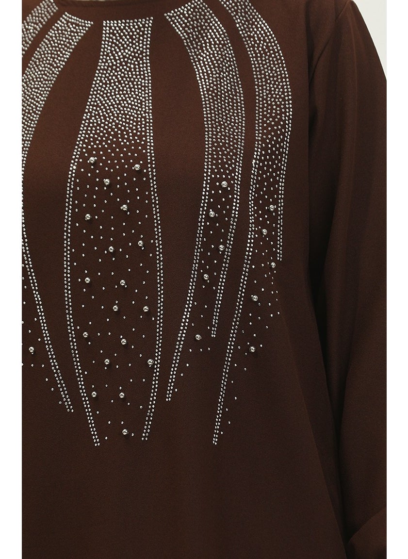 Sefa Merve Stone Printed Evening Dress Tunic Trousers Two Piece Suit 0410-05 Brown  - Image 5
