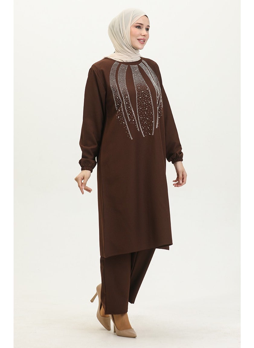 Sefa Merve Stone Printed Evening Dress Tunic Trousers Two Piece Suit 0410-05 Brown  - Image 2