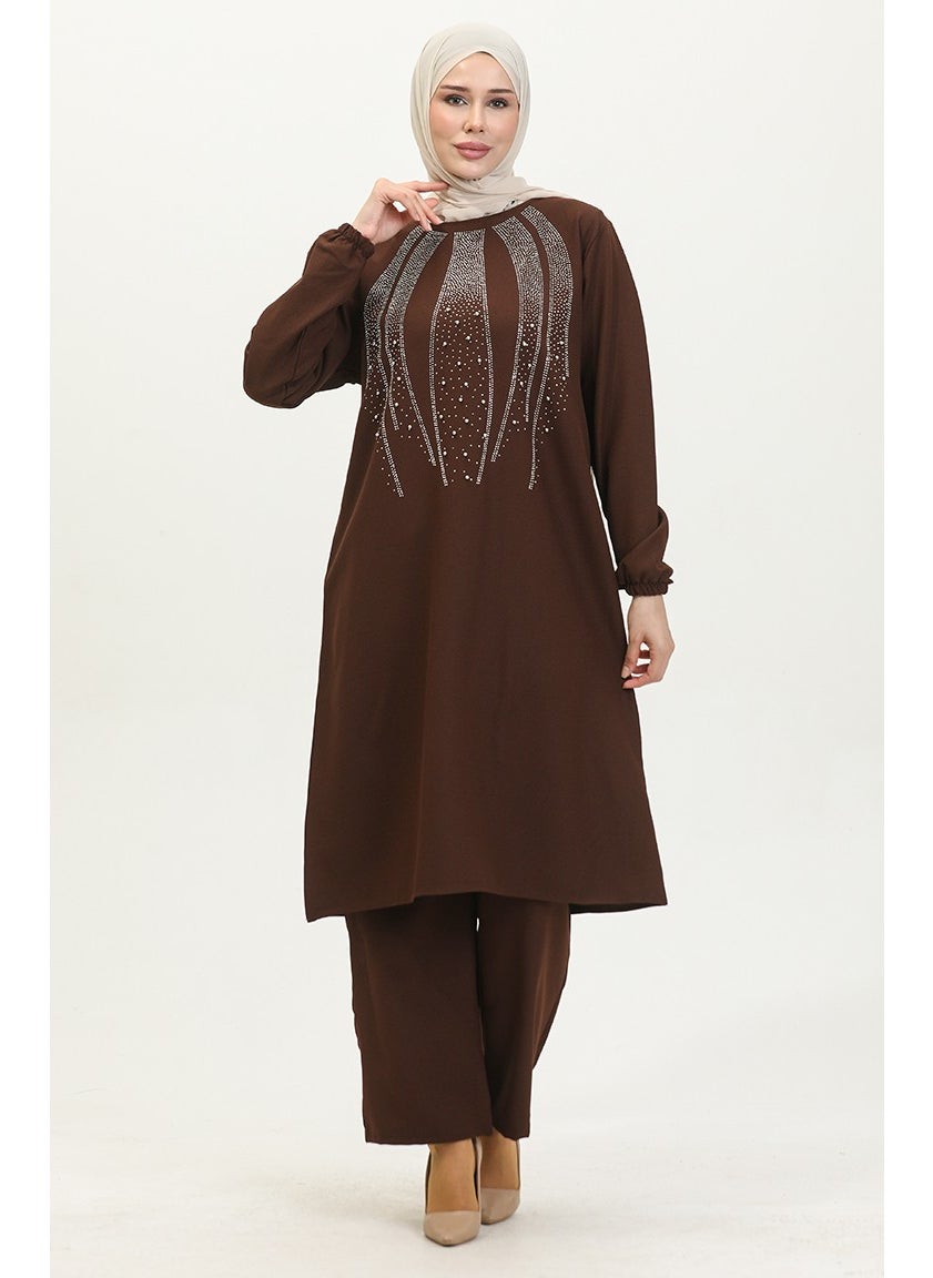 Sefa Merve Stone Printed Evening Dress Tunic Trousers Two Piece Suit 0410-05 Brown  - Image 3