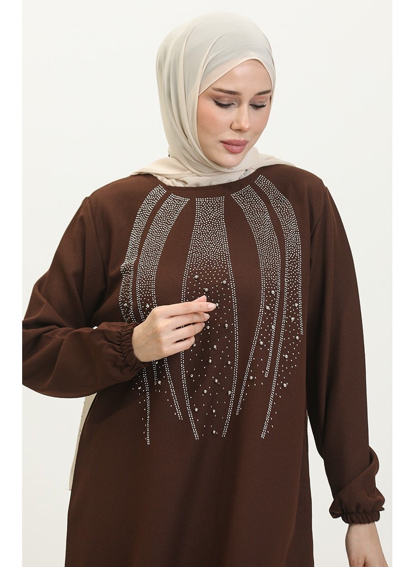 Sefa Merve Stone Printed Evening Dress Tunic Trousers Two Piece Suit 0410-05 Brown  - Image 4