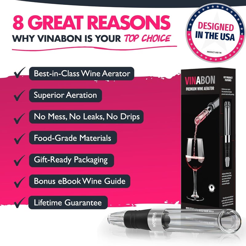 VINABON ** Wine Aerator - Premium 2025**: أداة تهوية النبيذ من الطراز الفاخر، تُستخدم لتحسين نكهة وعبير النبيذ، وتأتي مع كتيب إلكتروني يحتوي على نصائح حول تقديم النبيذ (WineGuide Ebook). - Image 2