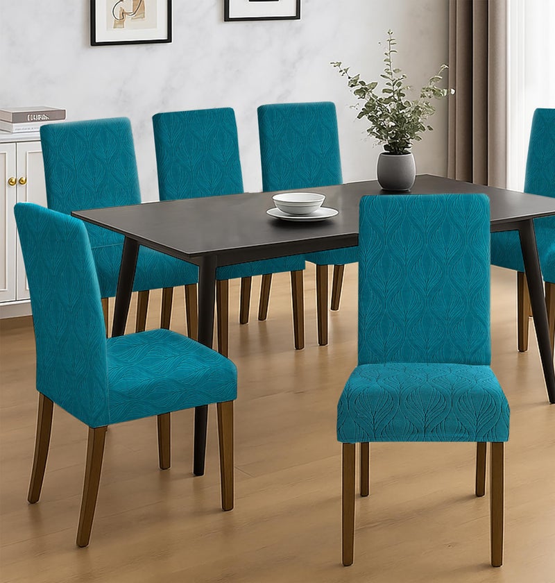 Yellow Weaves Elastic Stretchable Dining Chair Covers, Removable Washable Elastic Self Jacquard Dining Chair Covers (Set of 6, Botanical Peacock Blue) - Image 2
