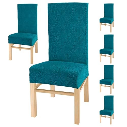 Yellow Weaves Elastic Stretchable Dining Chair Covers, Removable Washable Elastic Self Jacquard Dining Chair Covers (Set of 6, Botanical Peacock Blue) - Image 1