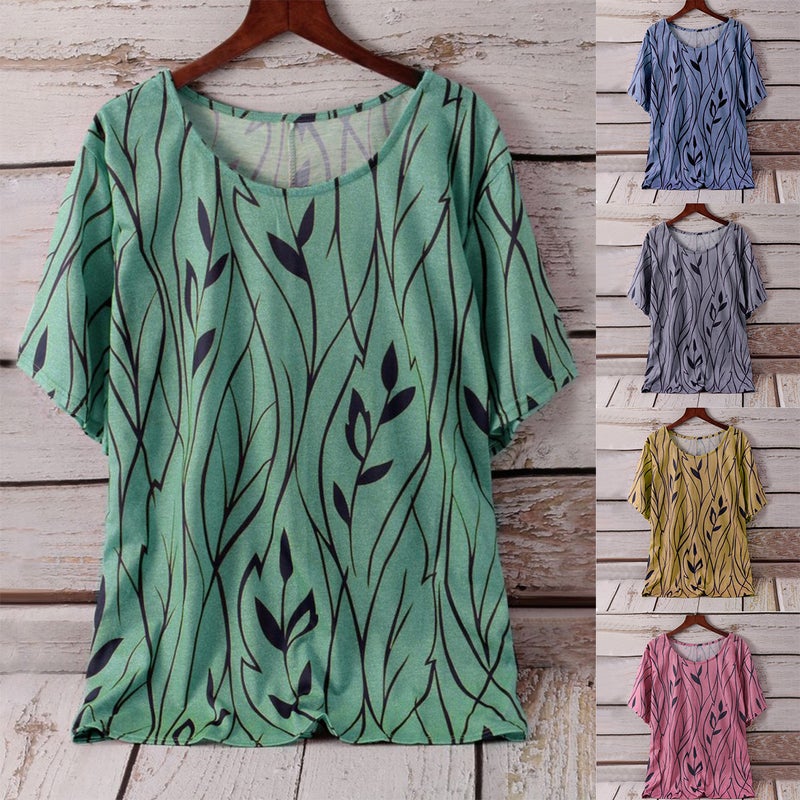 2022 wish Women's Printed Leaf Pattern Half Sleeve Elegant T-shirt - Image 2