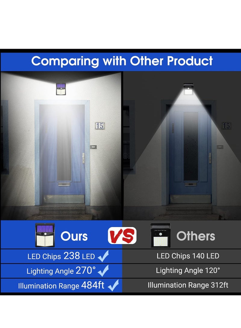 SYOSI Outdoor Solar Lights, 238 LED Solar Security Lights and 3 Modes Motion Sensor 270° Wide Angle Solar Powered Lights IP65 Waterproof Solar Wall Light for Front Door, Yard, Garage, Garden (4 Pack) - Image 3