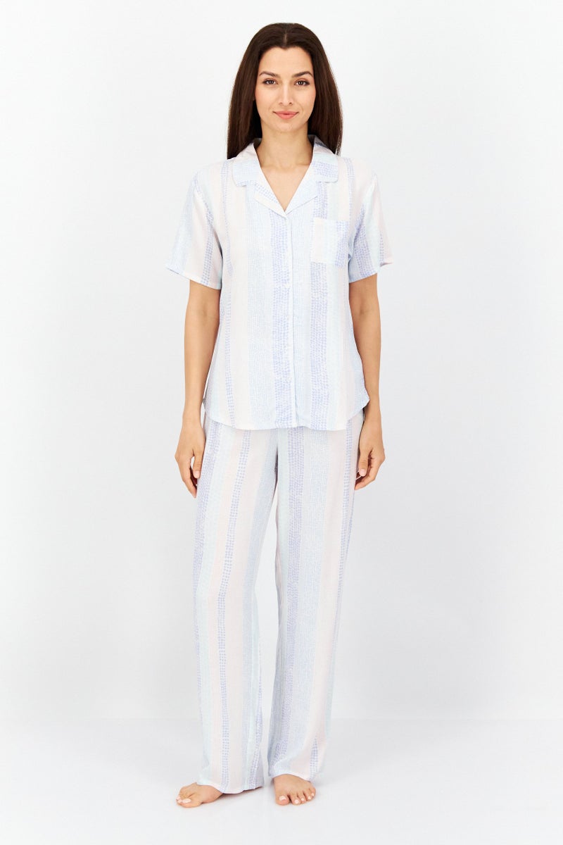 PJ Couture Women 2 Pc Stripe Short Sleeve Pajama Set, White Combo - Image 1