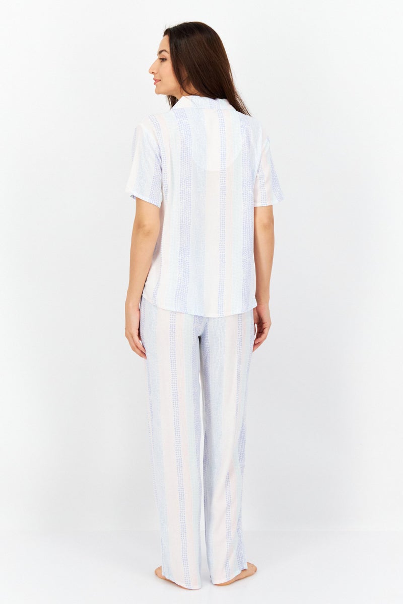 PJ Couture Women 2 Pc Stripe Short Sleeve Pajama Set, White Combo - Image 4