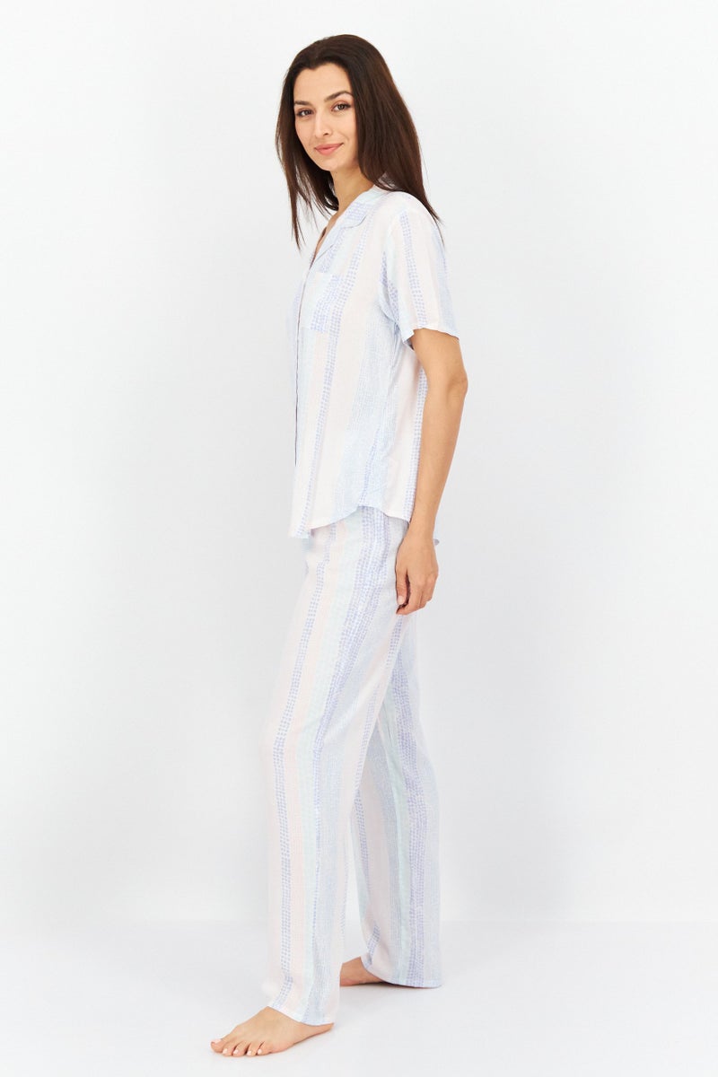 PJ Couture Women 2 Pc Stripe Short Sleeve Pajama Set, White Combo - Image 3