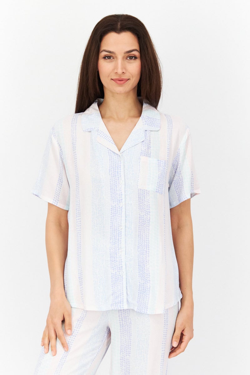 PJ Couture Women 2 Pc Stripe Short Sleeve Pajama Set, White Combo - Image 2