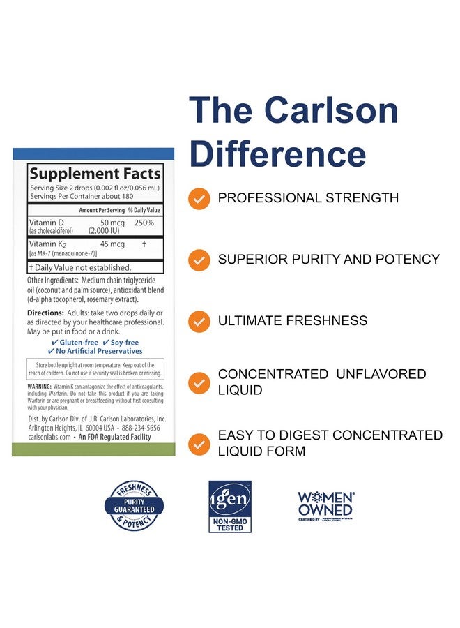 Carlson Super Daily D3 + K2, 50 mcg D3 + 45 mcg MK-7, Heart & Bone Health, 360 Liquid Drops, 10.16 ml - Image 1