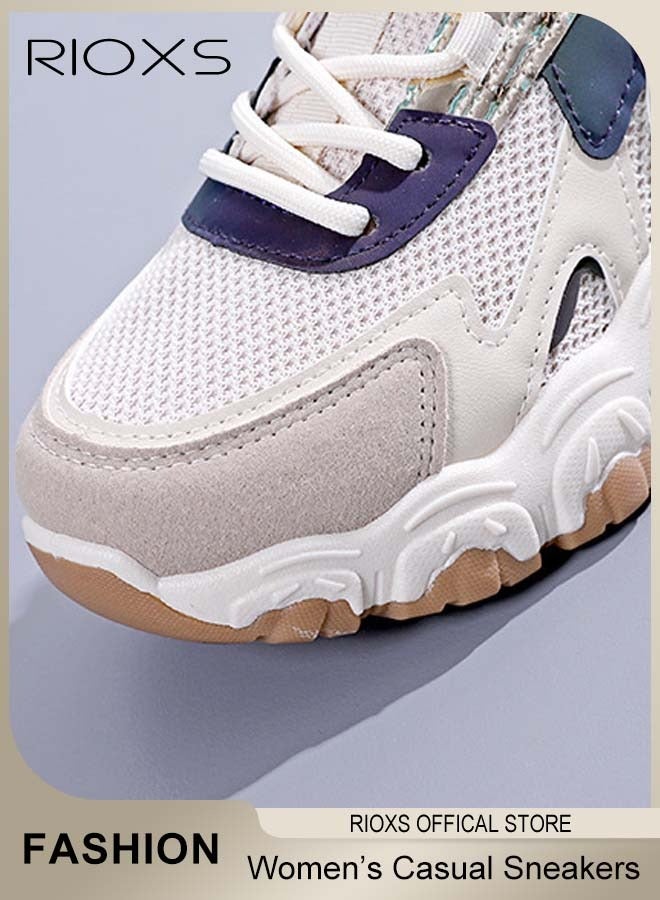 ريوكس أحذية رياضية نسائية سميكة، أحذية رياضية خفيفة الوزن غير رسمية للسيدات، أحذية جري مريحة ومسامية، أحذية رياضية أنيقة مانعة للانزلاق، أحذية تنس برباط للمشي والركض والجري والمشي لمسافات طويلة، بيج - Image 2