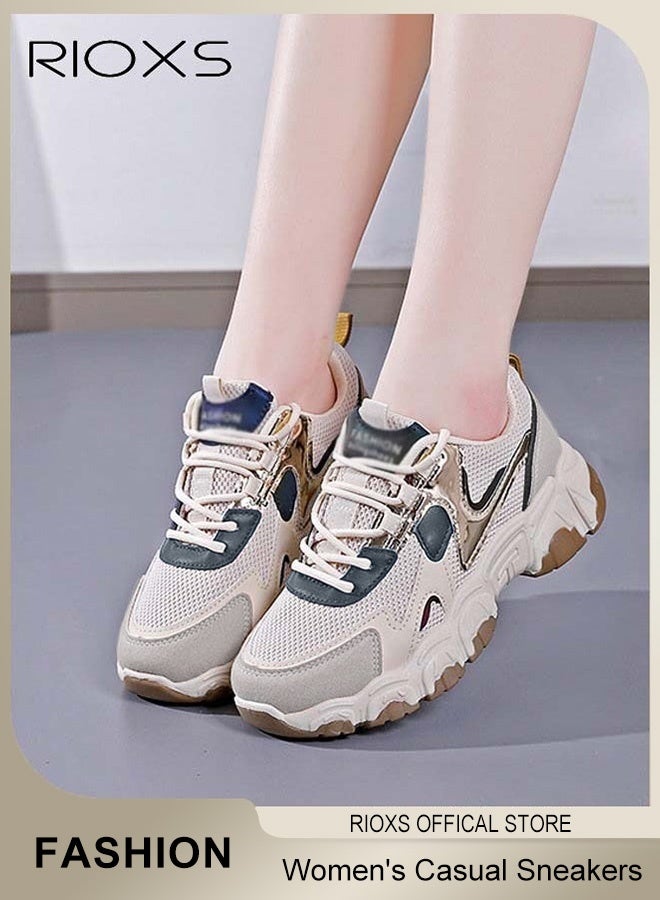 ريوكس أحذية رياضية نسائية سميكة، أحذية رياضية خفيفة الوزن غير رسمية للسيدات، أحذية جري مريحة ومسامية، أحذية رياضية أنيقة مانعة للانزلاق، أحذية تنس برباط للمشي والركض والجري والمشي لمسافات طويلة، بيج - Image 1