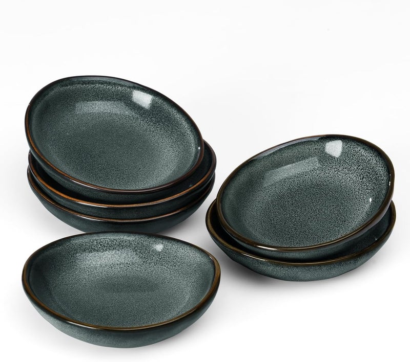 famiware Ocean Soy Sauce Dishes Set of 6 - Oval Ceramic Bowls for Dipping Sauces, Appetizers, and Snacks - 2.1oz Capacity - Deep Forest Color - Image 1