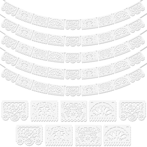 Asoulin 5 Pack White Papel Picado Banner, 90Ft White Mexican Banner for Parties Weddings, Papel Picado Dia De Los Muertos, Cinco De Mayo Decor, Day of The Dead Decorations, Fiesta Party Decoration Supplies - Image 1