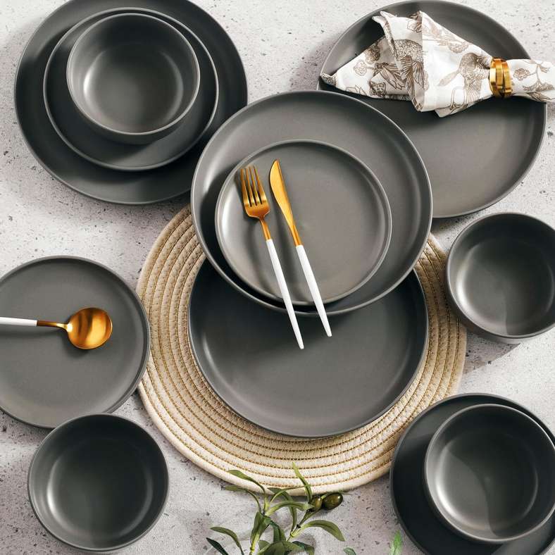 Pan Home 12-Piece Stoneware Dinner Set - Grey