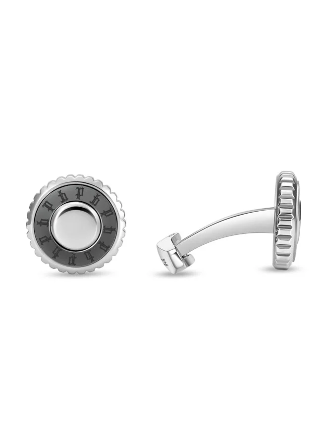 POLICE Fluted Silver with Grey Multi Pattern Emblem Cufflinks for Men