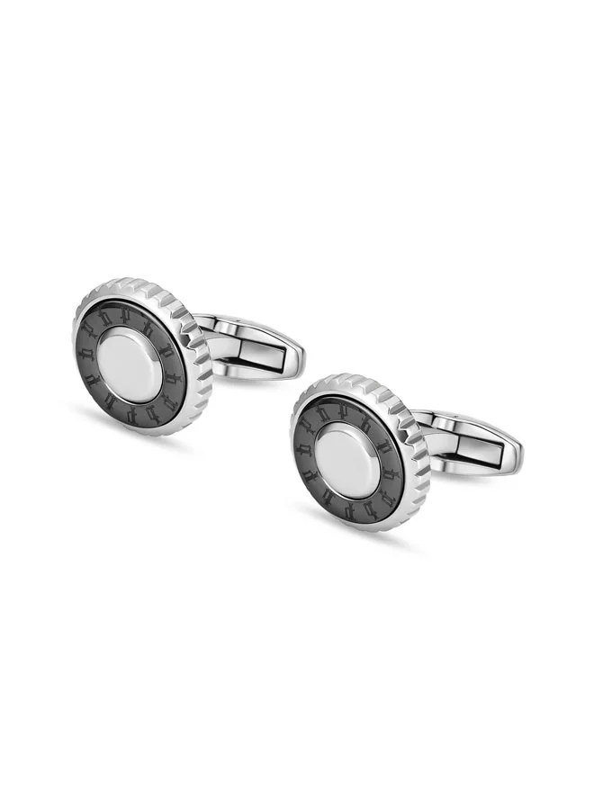 POLICE Fluted Silver with Grey Multi Pattern Emblem Cufflinks for Men
