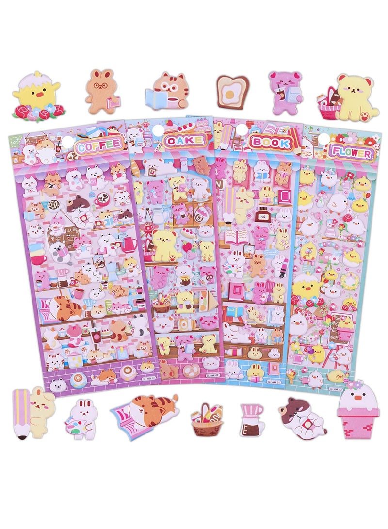 Excefore Cute Puffy Stickers For Kids, 4 Sheets 3D Foam Animal Cat Bear Rabbit Chicken Sticker For Girls Boys, Bulk Scrapbooking, Stickers For Birthday Gift, Party Supplies, Reward - Image 1