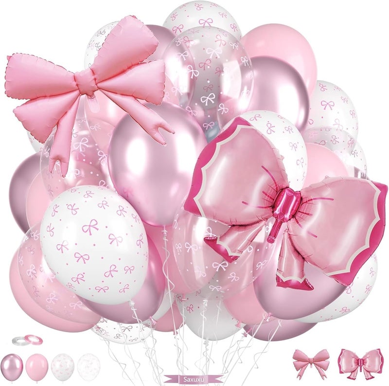 SOOFAM Pink Bow Balloons Light Baby Pink White Clear Pastel Balloons with Bow Foil Balloon for Girl Princess Women Birthday Party Bachelorette Bridal Engagement Theme Wedding - Image 1