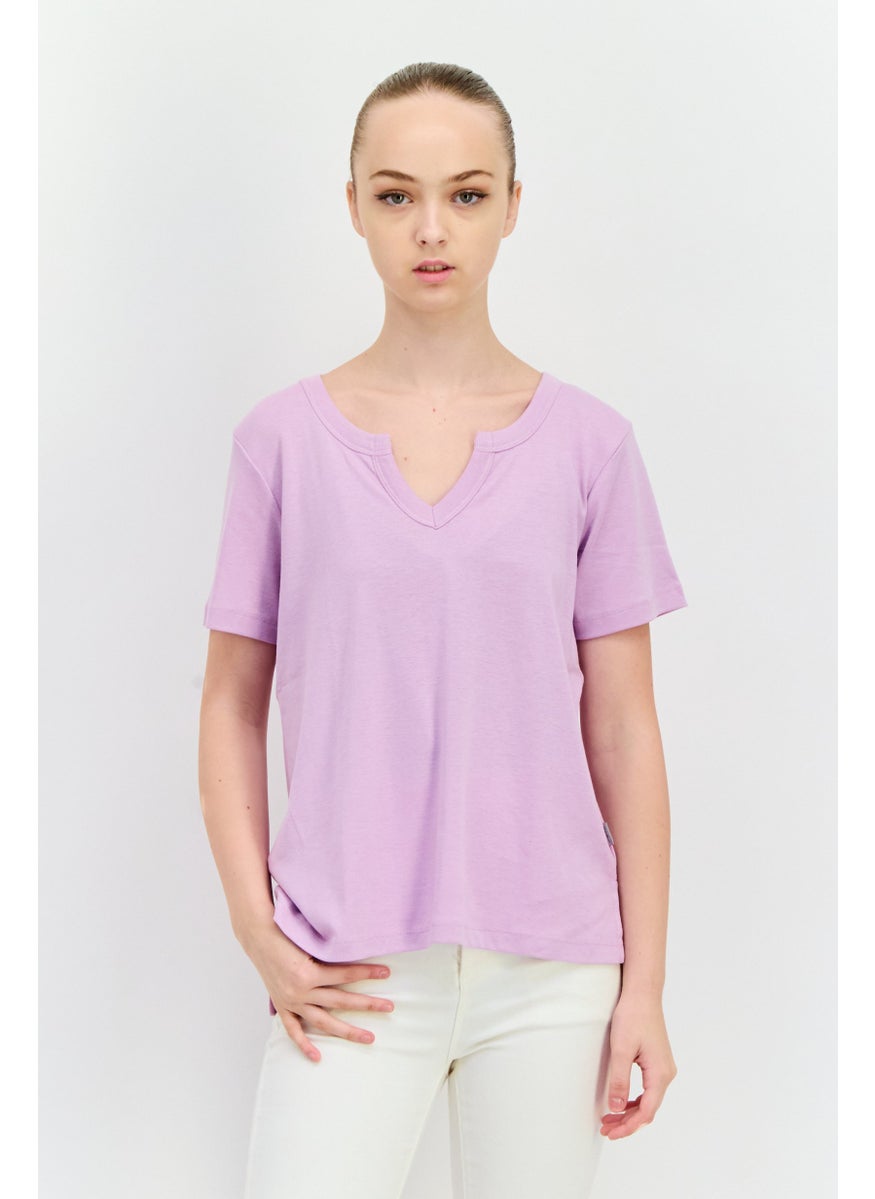 Eddie Bauer Women Horseshoe Neckline Short Sleeve Solid T-Shirts, Purple  - Image 1