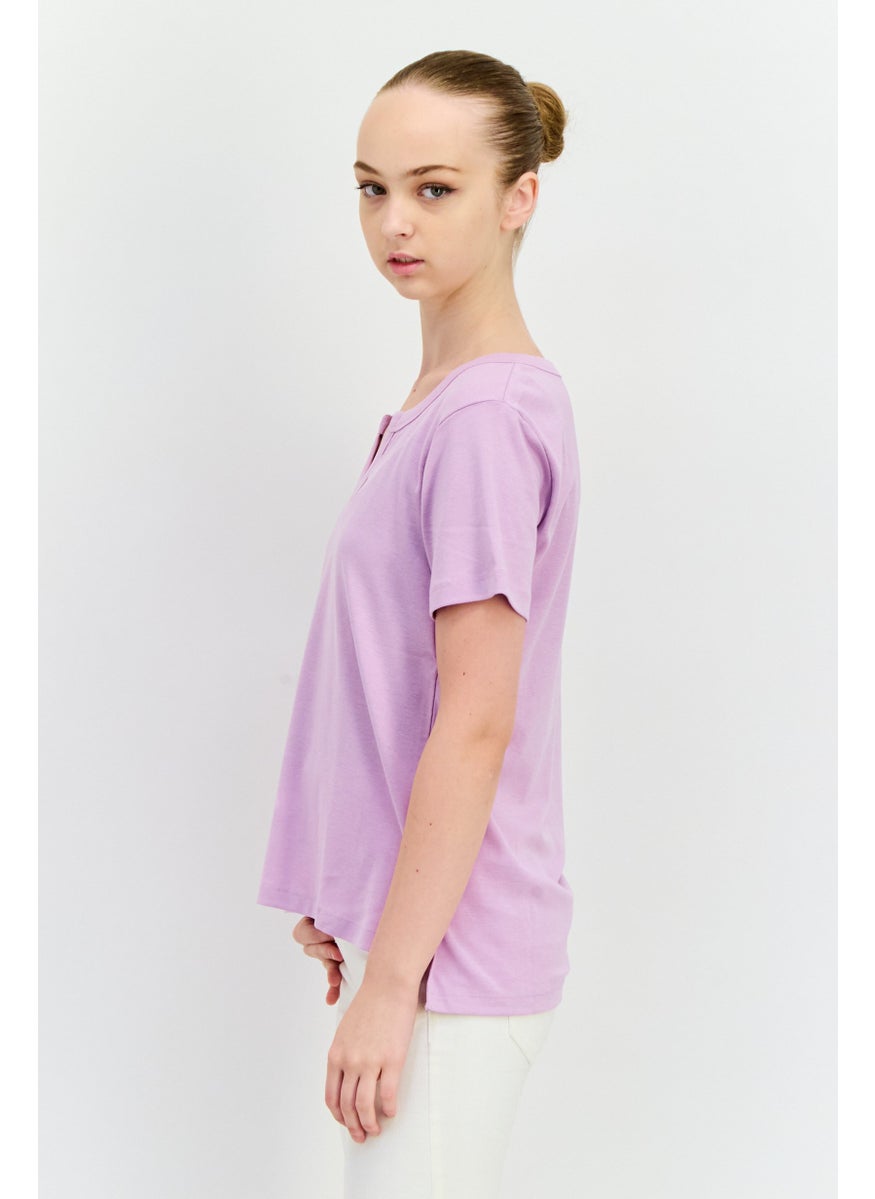 Eddie Bauer Women Horseshoe Neckline Short Sleeve Solid T-Shirts, Purple  - Image 2