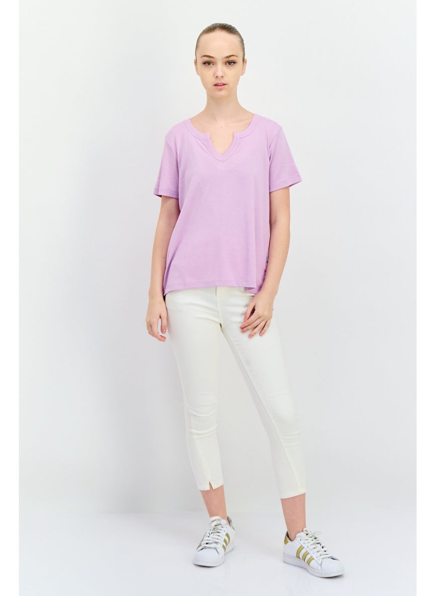 Eddie Bauer Women Horseshoe Neckline Short Sleeve Solid T-Shirts, Purple  - Image 4