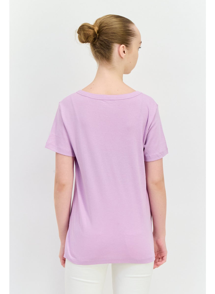 Eddie Bauer Women Horseshoe Neckline Short Sleeve Solid T-Shirts, Purple  - Image 3