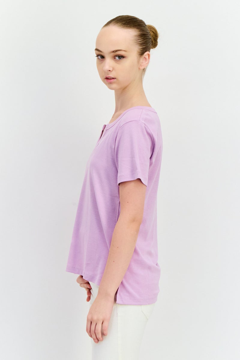 Eddie Bauer Women Horseshoe Neckline Short Sleeve Solid T-Shirts, Purple - Image 2