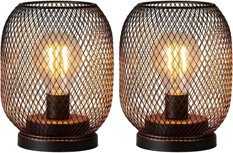 DECORKEY Set of 2 Battery Operated Lamp LED Table Lantern Brown Metal Cage Cordless Lamps with LED BulbVintage Decorative Outdoor Lantern for Weddings Parties Patio Events for Indoors Shelf Decor
