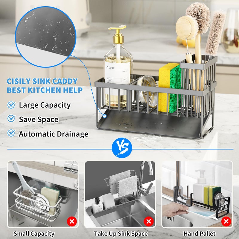 Cisily Sink Caddy Organzier with High Brush Holder, Sponge Holder for Sink, 304 Rustproof Stainless, Kitchen Countertop Soap Dispenser Organizer, Dark Gray Kitchen Decor and Accessories - Image 5
