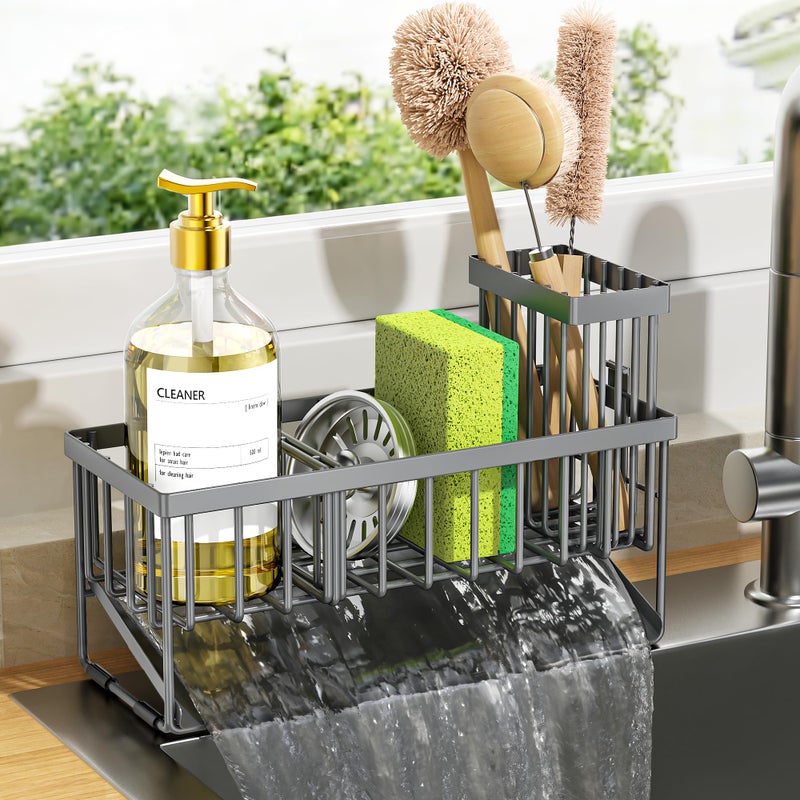 Cisily Sink Caddy Organzier with High Brush Holder, Sponge Holder for Sink, 304 Rustproof Stainless, Kitchen Countertop Soap Dispenser Organizer, Dark Gray Kitchen Decor and Accessories - Image 1